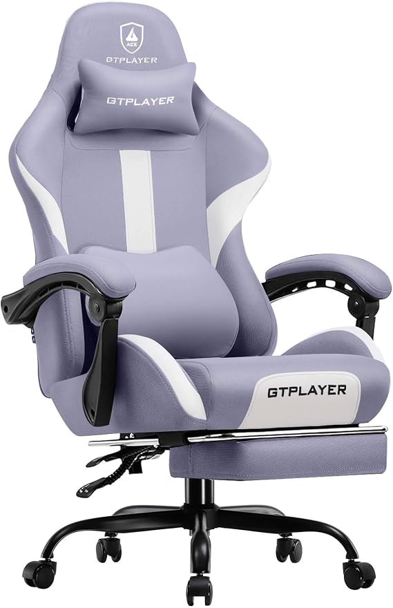 GTPLAYER Gaming Chair with Foot Rest & Pocket Spring Cushion, Breathable Fabric for Home Office Desk, Ergonomic High Back Computer Chair with Headrest & Lumbar Support, Lavender Purple