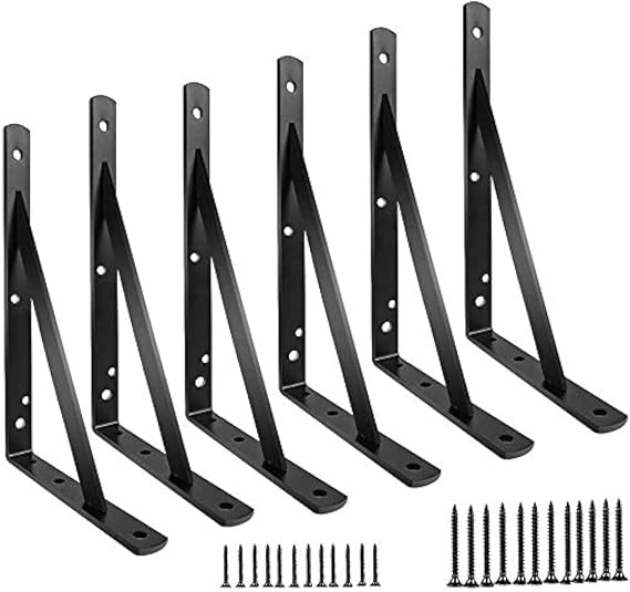 Shelf Brackets 12 inch, Heavy Duty Floating Shelf Bracket for Open Shelving, Black Metal L Bracket Angle Wall Brackets for Shelves - 6 Pack with Screws - Multi-Size Available