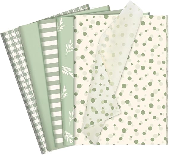 woric 60 Sheets Sage Green Tissue Paper for Wrapping Gifts | 14*20in Gift Wrapping Tissue, Sage Green/Botanical/Stripe/Dot/Grid 5 Design for Wedding Baby Shower Birthday Party DIY