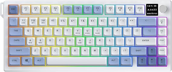 Coverzone Üçlü Mod Membran Gaming Klavye,%75 Düzen, 4000mAh Batarya, RGB 14 Efekt, TFT Ekran, Type-C, Bluetooth 2.4G, Su Geçirmez, Win/Mac Uyumlu, Multimedya Düğmeli | AJAZZ AF82 (Mavi Beyaz - AF82)