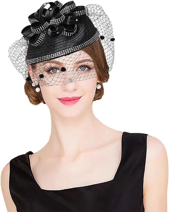 HIMESPORT Women Veil Mesh Sweetheart Fascinator Hat Bride Wedding Hair Accessory with Clip Rhinestone Cocktail Party Hat