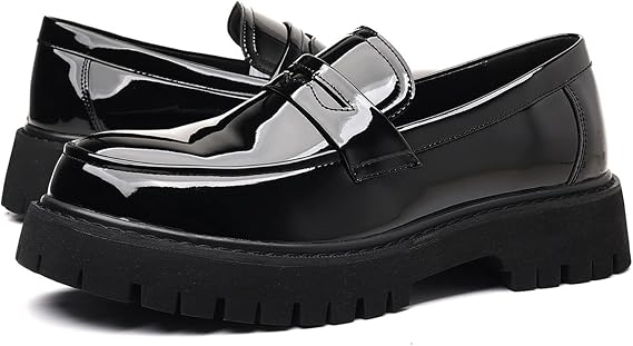 Men's Leather Platform Chunky Slip-On Penny Loafers Classic Business Casual Formal Work Shoes Bright black,25.0cm