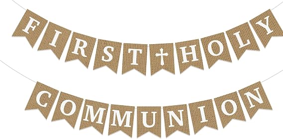 First Holy Communion Burlap Banner, Pre-Strung Communion Baptism Religious Communion Party Decor, Christening Confirmation Decorations
