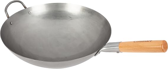 Cuisinart 14 Carbon Steel Hammered Wok, Traditional Round Bottom, Stir Fry Pan with Wooden & Helper Handle for Authentic Asian Cuisine, Wok Hei Cooking Perfect for Stir-Fry, Saute & Deep Fry