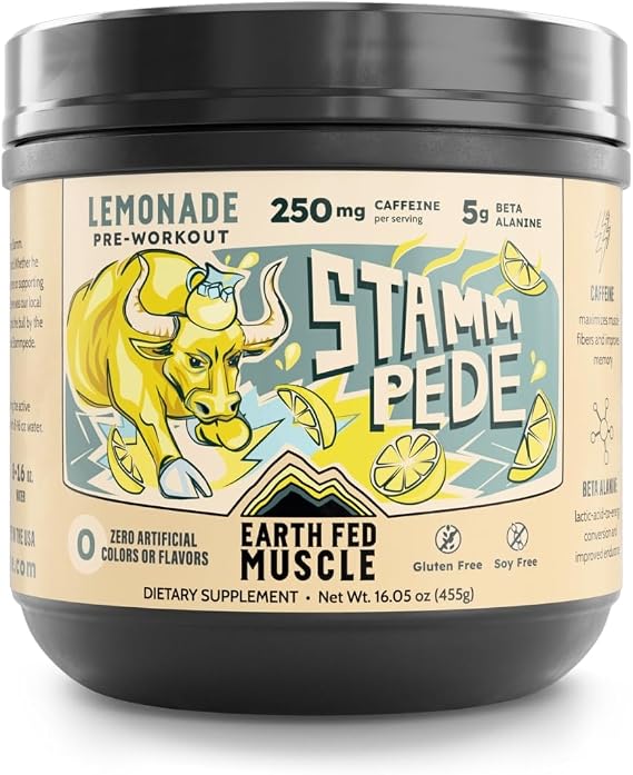 Earth Fed Muscle Stammpede Pre Workout, Lemonade, 250mg Caffeine, 16oz