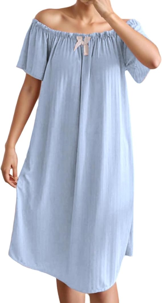 Womens Pajama Off Shoulder Dress Lace Trim Cute Loungewear Pullover Short Sleeve Casual Fall Ladies Pajamas Sleepwear