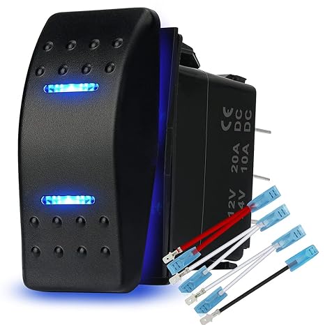 Waterproof Rocker Switch Toggle On-Off-On 12V/20A 24V/10A 7Pin DPDT Blue LED Light, with Jumper Wires Set for Marine Boat Car Truck Trailer 4x4 Caravan RV SUV ATV UTV