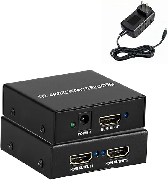 HDMI Splitter 1 in 2 Out, HDMI Splitter with Power Adapter,Supports 4K@60Hz,Full 3D,12-bit, LPCM 7.1CH,DTS-HD,18 Gbps,HDCP 1.4/2.2, for Projector, PC and More(102)