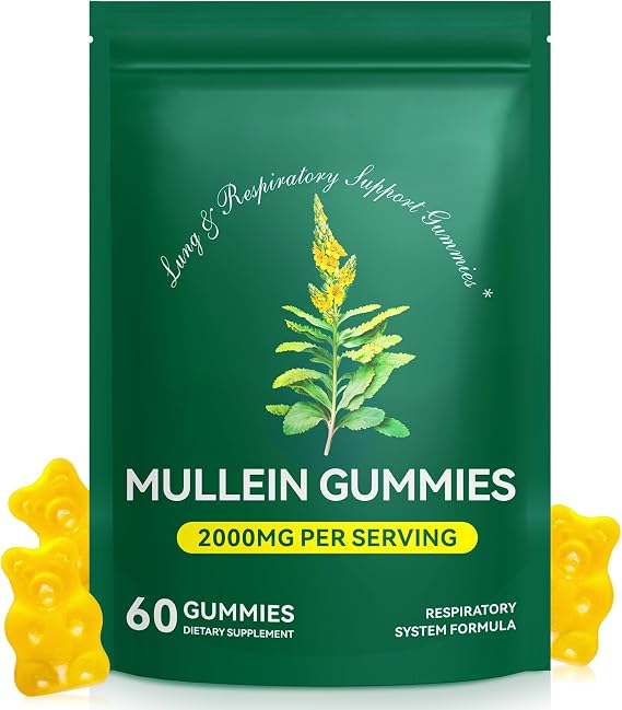 Mullein Gummies, Mullein Leaf Extract for Lungs, Mullein Leaf Gummies 2000mg, Lung and Respiratory System Support, Immune Booster 60 Gummies