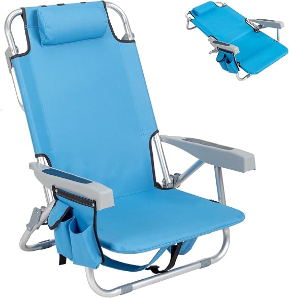 Backpack Beach Chairs for Adults, 5-Position Classic Lay Flat Folding Low Beach Reclining Chair, Outdoor Lightweight Portable Camping Lawn Chair with Headrest, Cup Holder, Towel Bar, Cooler,Aluminum