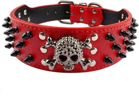 Spiked Leather Dog Collar - 3 Rows Bullet Rivets Studded PU Leather - Cool Skull Pet Accessories Best Choice for Medium and Large Dogs