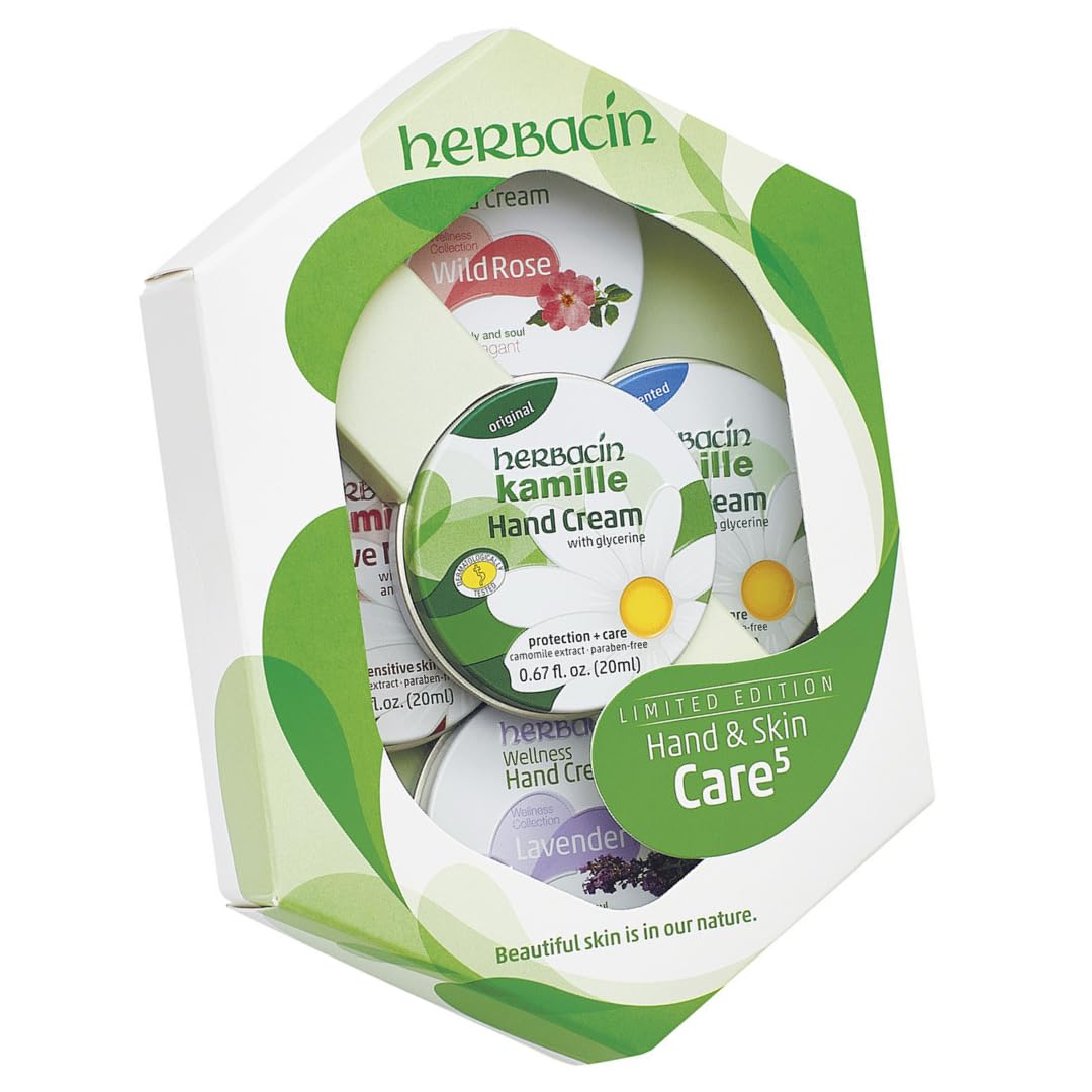 Sunday Sunshine Herbacin Hand & Skin Care 5 Tin Gift Set includes Herbacin Kamille Hand Cream original, unscented, Kamille Intensive Moisture, Wellness Hand Cream Lavender and Wild Rose, 5 20ml tins