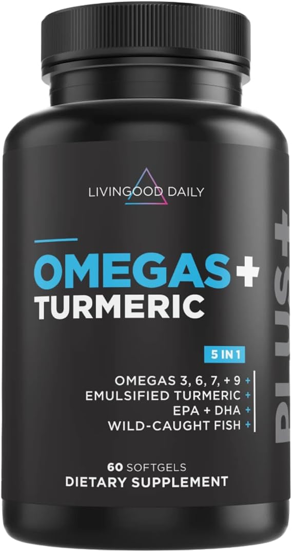 Livingood Daily Omega 3 6 9 Plus Turmeric Curcumin Supplement, 60 Softgels | 5-in-1 Fish Oil Omega 3, 6, 7, 9, EPA, DHA, Emulsified Turmeric Curcumin, Fatty Acids, Brain, Joint, Metabolism, Made in USA
