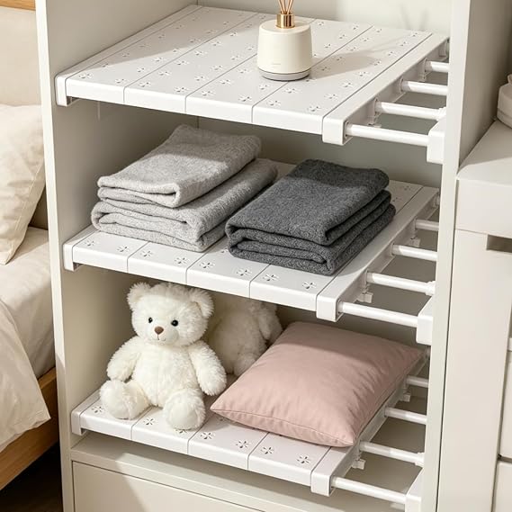 Extendable Closet Shelf, Expandable Wardrobe Storage, Telescopic Adjustable Storage Organiser, Extendable Shelves for Bedrooms, Bathrooms, Cupboard, Shoe Cabinets, length 48-80 cm, width 35 cm