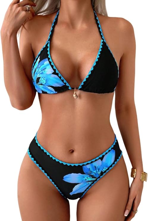 Women's Sexy Solid Color Lace Triangle Bikini Set, Halter Adjustable Ties Backless Two-Piece Swimsuit