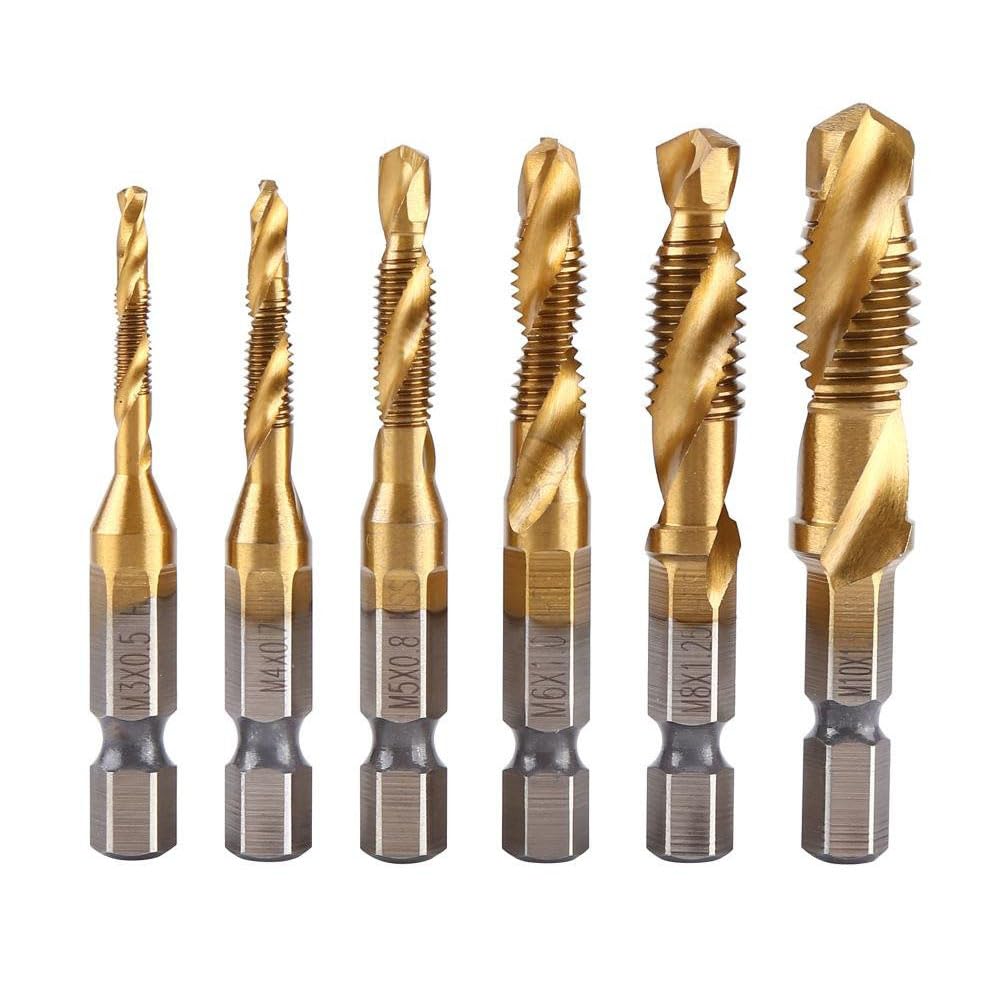 6-Piece HSS Tap Set Titanium Combination Drill Bit with 1/4 Inch Hex Shank Tap with Metric Thread M3-M10 for Wood, Brass, Aluminium and Plastic