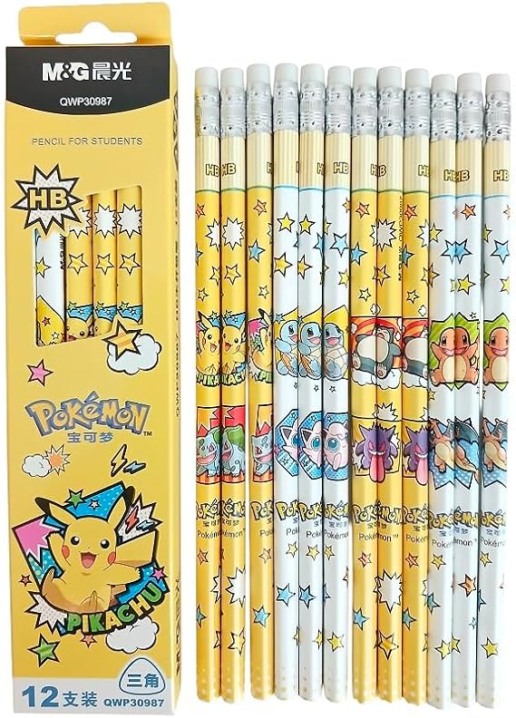 Pikachu Pencils with Eraser, HB Triangular Pencils 12 Count, Packaging May Vary, But the Content is the Same. (Assorted Designs)