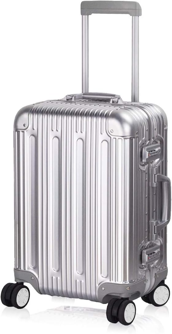 TRAVELKING All Aluminum Carry On Luggage with TSA Locks Fashion Cool Metal Hard Shell Spinner Suitcase (Silver, 20 Inch)...