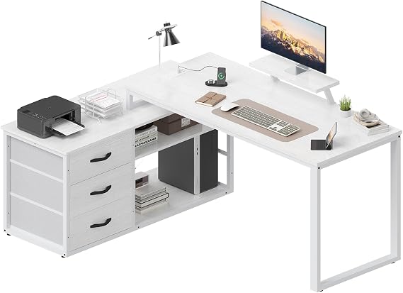 TRIUMPHKEY L-Shaped Desk with 3 Drawers, 140 x 100 x 75 cm, Corner Desk with Shelves, Reversible L-Shape Design with 2 USB Charging Ports & 2 Power Outlets, Home Office Desk, White