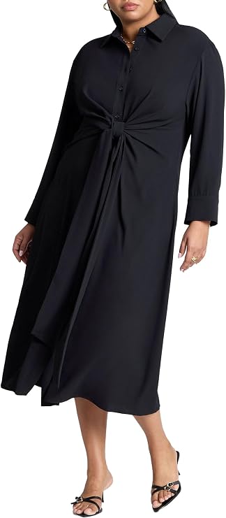 ELOQUII Tie-Front Oversized Midi Shirt Dress