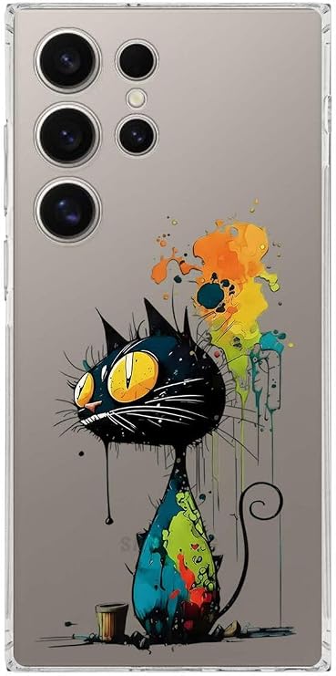 Samsung Galaxy S24 Ultra ile Uyumlu Splash Kedi Tasarımlı Şeffaf Silikon Kılıf