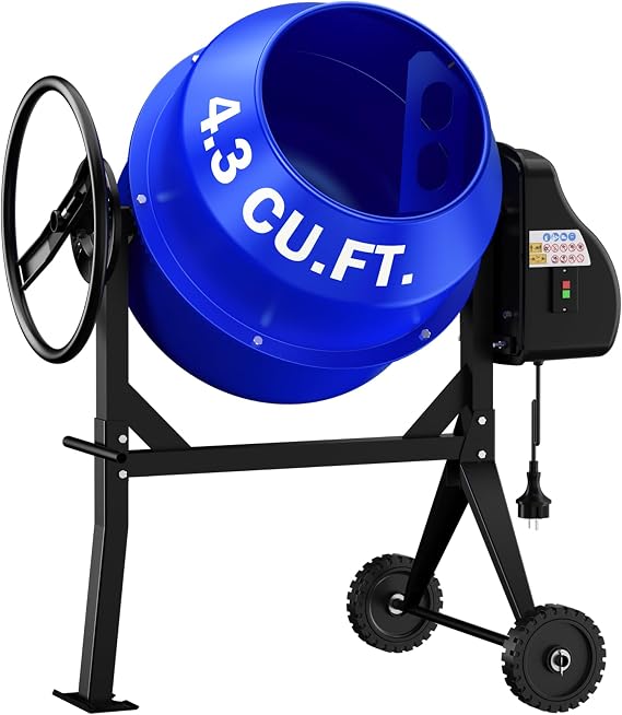 4.3 Cubic Ft Electric Concrete Mixer, 3/5HP, 450W Portable Concrete Mixer Machine with Stand And Wheels for Stucco, Mortar, Seeds (Blue)