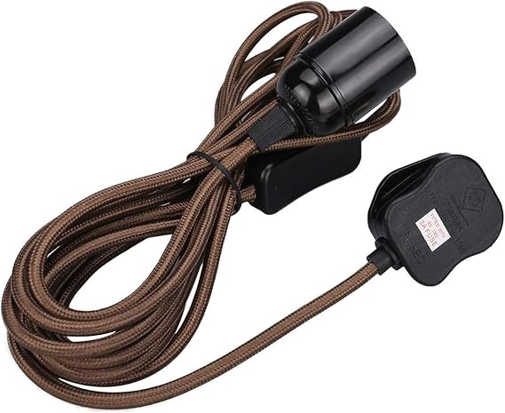 Wowsale Pendant Light Ceiling Lighting Fitting, E27 Lamp Holder Suspended Pendant Light Fitting Kit, 2 Core Gold Fabric Cable Plug with On/Off Switch- UK Plug (Coffee, 4m)