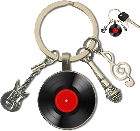 Record Keychain, Classic Guitar Record Keychains Microphone Note Music Symbol Music Lovers Gifts for Cell Phone, Wallet, Guitarists, Singers, Car Pendant (Black)