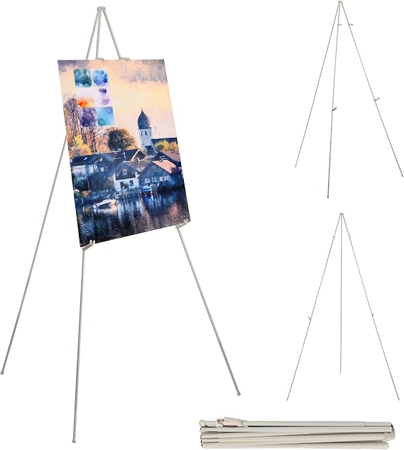 Bianyo Upgraded Display Stand with Upper Cover & Carry Bag, Black/White Steel, 5 lb Capacity, Adjustable & Portable for Indoor/Outdoor Canvas, Posters & Boards (White, Pack of 1)