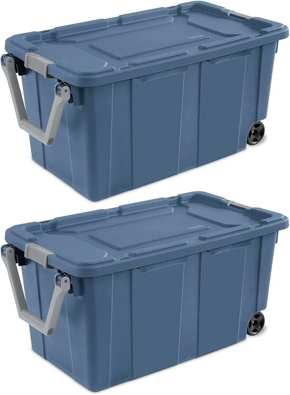 40 Gallon Wheeled Industrial Storage Tote with Latch Lid and Pull Handle, Blue, Heavy-Duty Plastic, 36.75x21.375x18 Inch, 2 Pack (2, Blue)