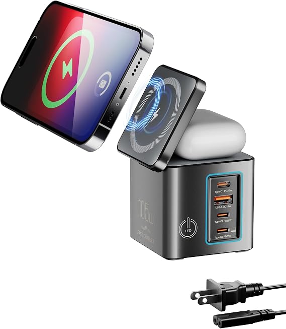 6-in-1 Charging Station for Apple 105W, Magnetic Wireless Charger, Wireless Charger Stand, Fast Charging Stand Dock, Foldable Charging Stand with Magnet for MagSafe, iPhone16-13 Series, AirPods