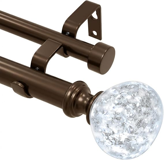 Brown Double Curtain Rod 66-120 Inch Heavy Duty Foil Resin Finial