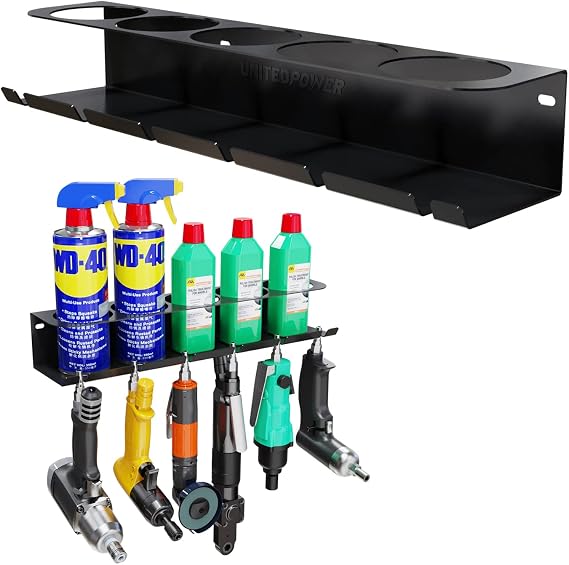 UNITEDPOWER Pneumatic Tool Holder/Aerosol Rack Combo, Wall Mounted Spray Can Bottle Holder, Air tool organizer, for Garage and Workspace, 5 Cans and 6 slots