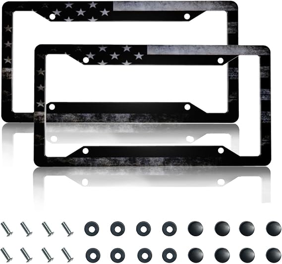 License Plate Frame with 4 Holes - 004 Vintage Black American Flag | 2 Pack Aluminum Metal Rust-Proof Front & Rear Car Tag Holder Universal Car Accessories with Screws for Men & Women