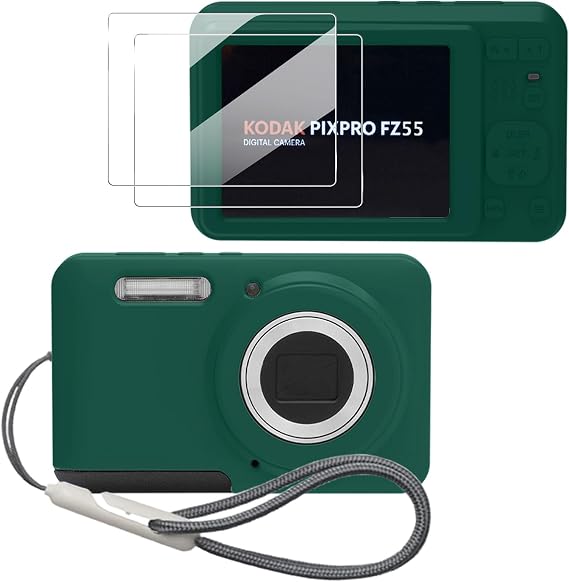 Kodak PIXPRO FZ55、FZ55アクセサリー用ケース、ソフトシリコン保護ケース、スクリーンプロテクター2枚とリストストラップ1本付き - ダークグリーン