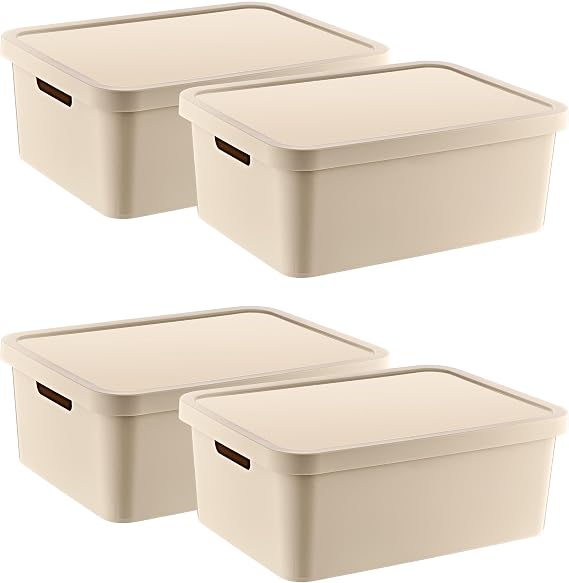 Smartware Set of 4 Stafi Multi-Purpose Lid Box Latte 12 LT - LATTE, Multi-Purpose Lid Box, For Home-Office-Warehouse, Lid Storage Box