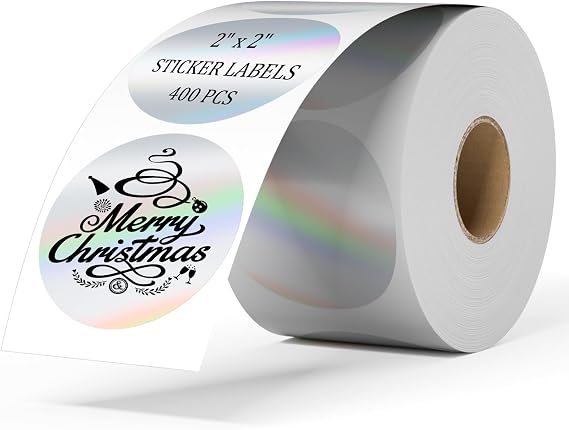 2 Inch Circle Holographic Thermal Label 400pcs Thermal Printer Stickers, Silver Printable Thermal Label for Small Business Logo Design Waterproof Round Stickers Roll