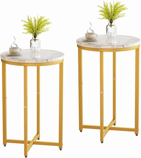 Side Table Set of 2 Round Gold End Table with Metal Frame 16in Faux Marble Sofa Accent Table Small Coffee Tables Modern Style Bedside Table Plant Stand for Living Room, Bathroom, Bedroom Small Spaces