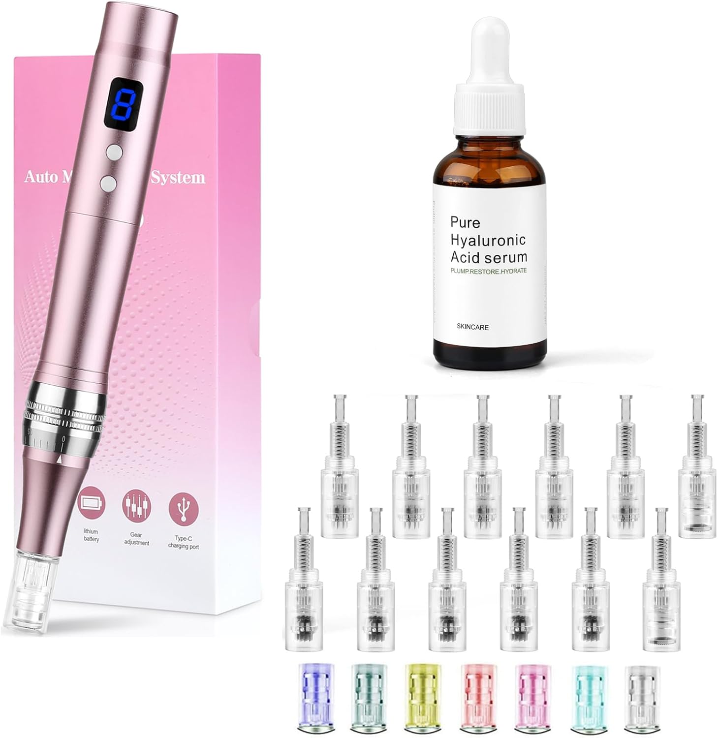 8-Speeds Electric Microneedling Pen Microneedles Pen 0-2.5mm with 7 Model LED Light, with Hyaluronic Acid Facial Serum (Including 12 Needles Cartridges) (Pink)