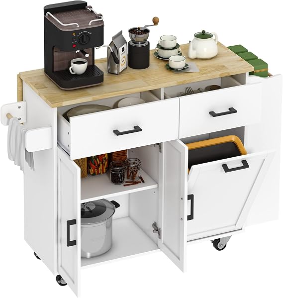 Rolling Kitchen Island with Trash Storage Cabinet, 2 Drawers, Kitchen Island with Drop Leaf, Kitchen Storage Islands Carts W/ 3 Spice Rack, Tilt Out Trash Cabinet, Island Table for Kitchen