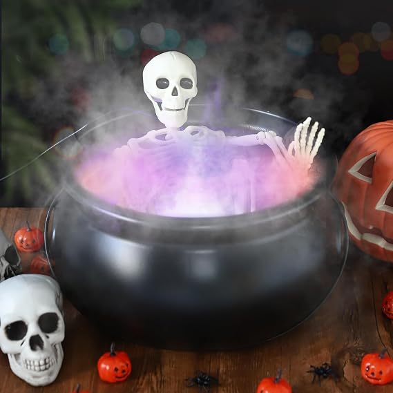 Halloween Decorations Outside 12" Large Witches Cauldron Diffuser with Skeleton Black Witch Cauldron Kettle Pot with 12 LED Light Mist Fogger for Halloween Outdoor Indoor Decor (3 Colors)