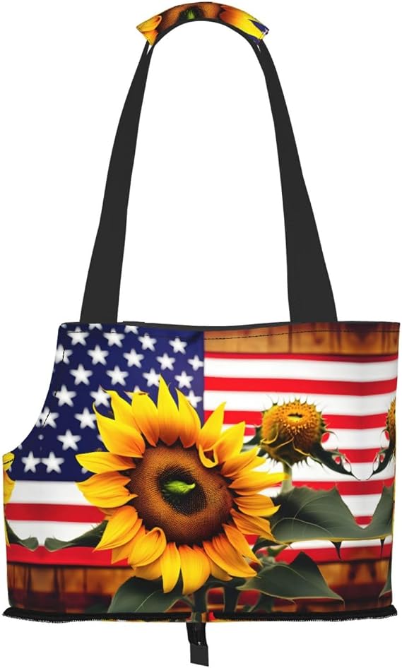 Soft Sided Collapsible Pet Travel Carrier for Medium Cats and Puppy, for Subway/Shopping/Hiking,Sunflower and American Flag Print