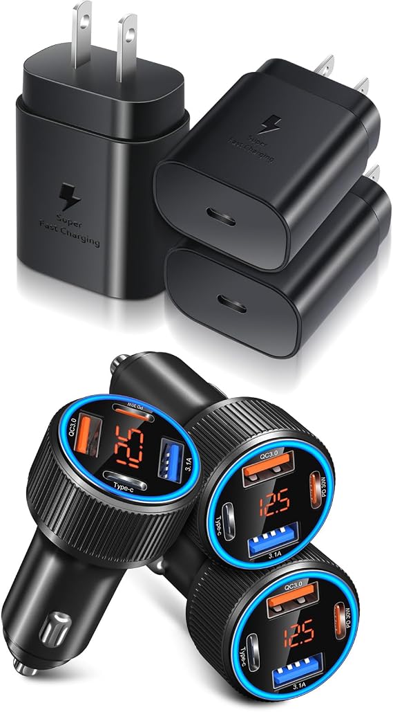 65W 4 Port Car Charger with 25W USB C Wall Charger Power Adapter QC+PD 3.0 Super Fast Charging for Samsung Galaxy S24/S24 Ultra/S23/S22,iPhone 16/15 Pro Max