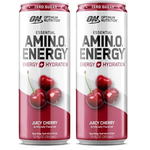 Optimum Nutrition Amino Energy Sparkling Hydration Drink, Electrolytes, Caffeine, Amino Acids, BCAAs, Sugar Free, Juicy Cherry, 12 Fl Oz, 1 count Packaging May Vary Pack of 2