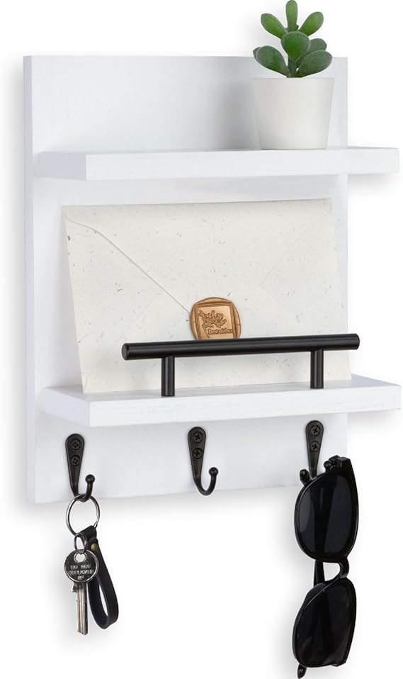 Key Holder Wall Mount, Mail Shelf Decor with 3 Key Hooks, Versatile Wood Wall Organizer for Entryway Hallway (8.2 x 10.6x 3.6) (White) | Farmhouse Key Hanger Holds Dog Leash, Sunglasses Decorative Mail Organizer Home Decor