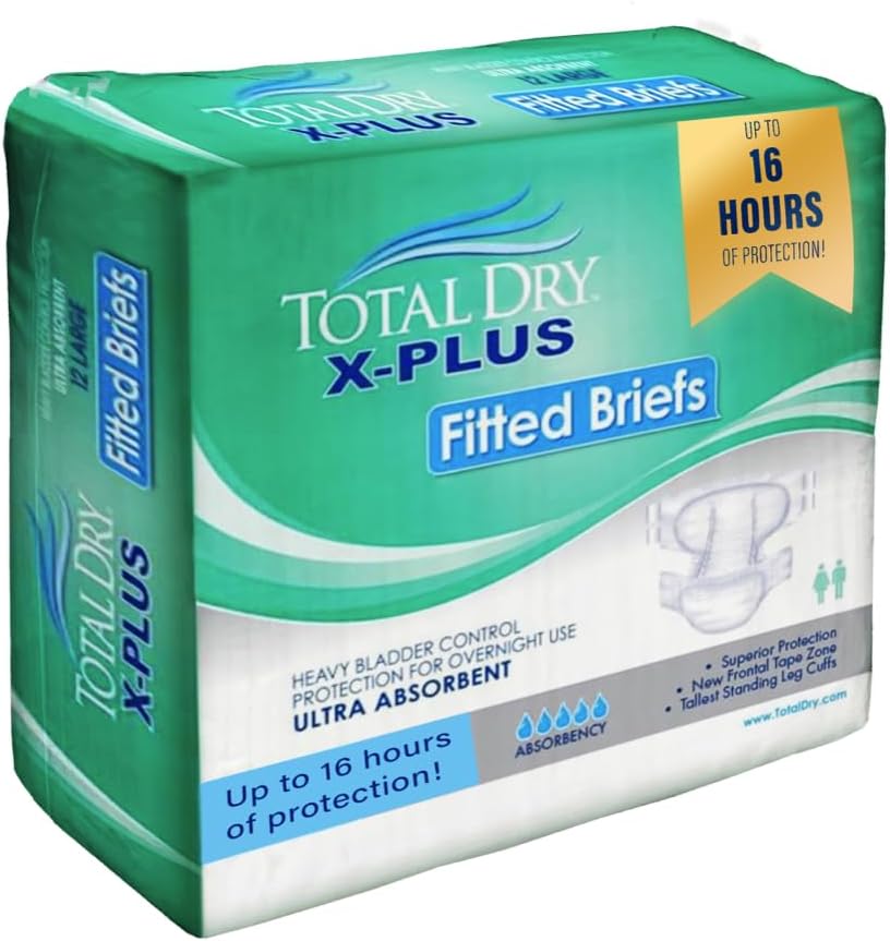 TotalDry Ultimate X-Plus - Fitted Incontinence Briefs Adult Diapers – Plastic Backed Ultra Absorbent Overnight Bladder Control for Women & Men - FSA HSA Approved - Medium