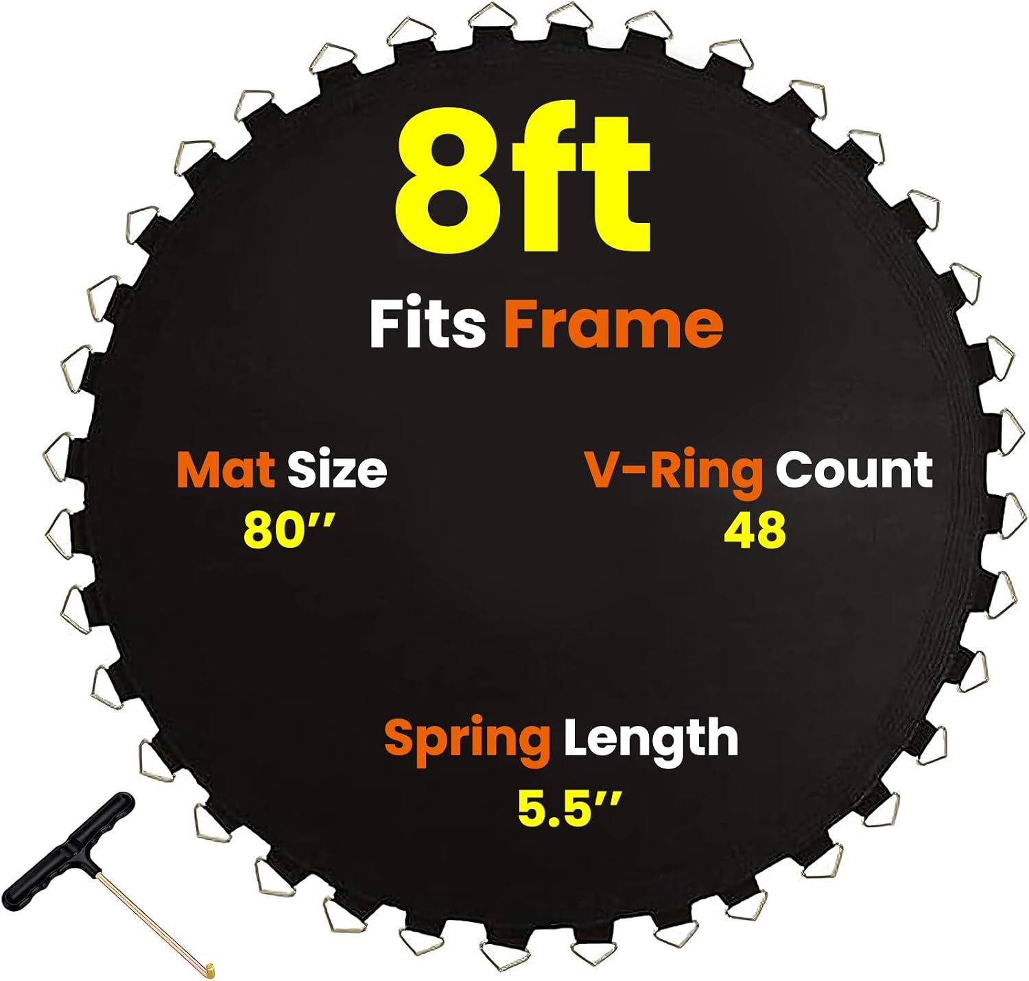 8ft Trampoline Jumping Mat Replacement, 2.44m Diameter Black PP Bounce Pad with 48 V-Buckles, 8-Row Stitch, Waterproof & UV Resistant, Fits 5.5" Springs Includes Spring Puller Tool