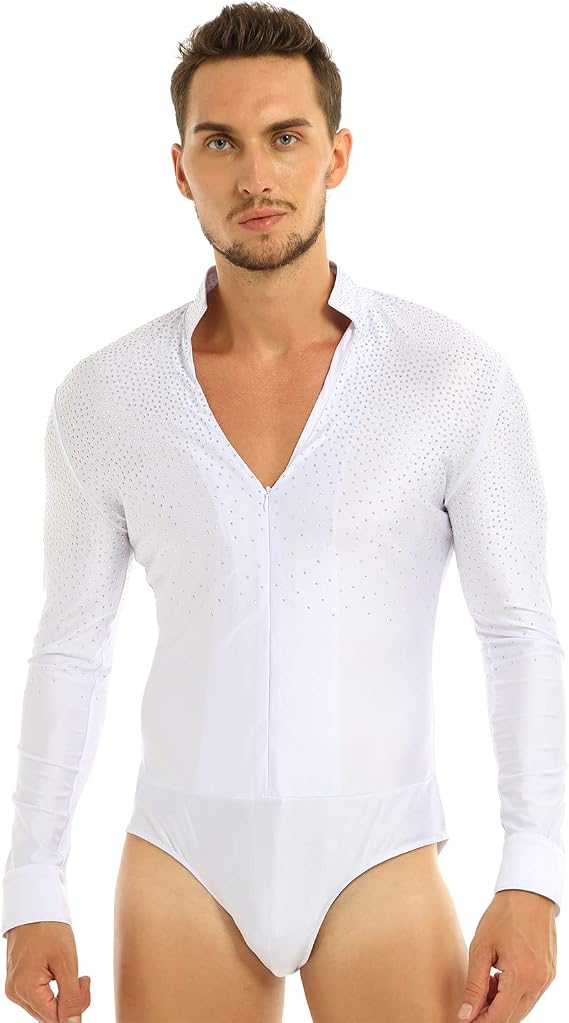 inlzdz Men's Shiny Rhinestones Latin Tango Dance Shirt Leotard Ballroom Dancing Costume Dancewear
