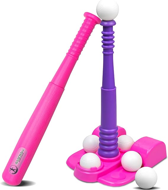 TOMLEON T Ball Stand for Girls 3-5, 5-8. Baseball Set Includes 6 Large Balls, an Adjustable Tball Batting Tee, and a Storage Net. Kids Bat and Ball, T-Ball Sets for Kids