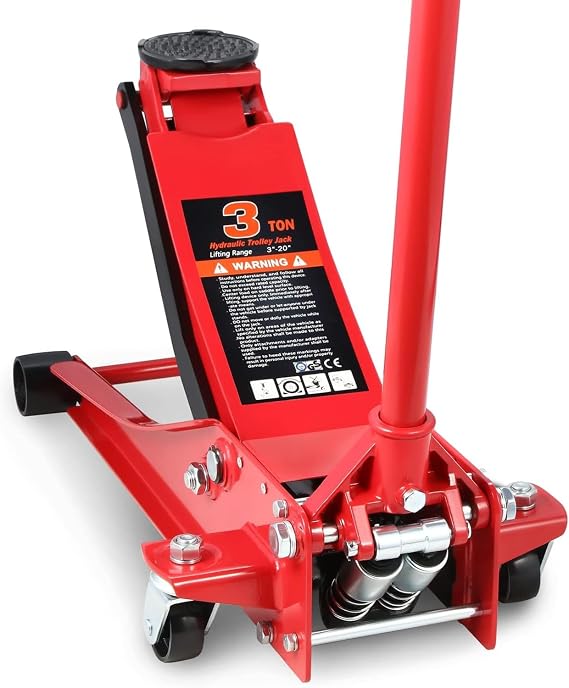 3 Ton Low Profile Hydraulic Floor Jack with Wheels 3"-20" Lifting Range for Cars, Trucks, SUV, Sedan, Mini RV (Red)